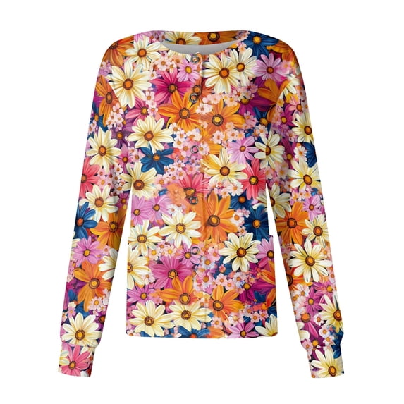 Scrubs for Women Long Sleeve Snap Front Plus Size Women's Medical Scrub Jackets Cute Floral Print Scrub Tops Easy Care Soft Nursing Jacket Hot Pink 4XL