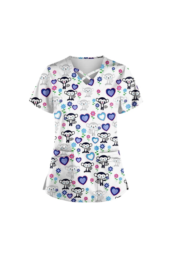 Scrubs for Women Love Heart Printed V Neck Breathable T-Shirts Short Sleeve Professionals Soft Stretch Valentine's Day Workwear Shirt with Pockets white Large