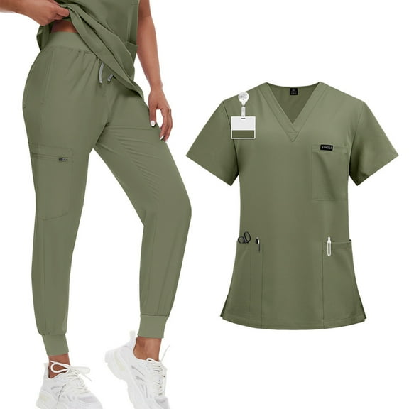 Scrubs Women,Medical Scrub Set V Neck Short Sleeve Top with 3 Pockets Elastic Cuff Pants Moisture Wicking Healthcare Uniform - Army Green - S