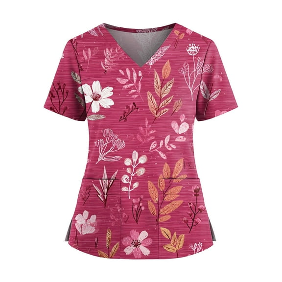 Scrubs For Women, Plus Size Floral Print Nurse Scrub Top With Pockets, V Neck Side Slit Short Sleeve Stretchy Work Uniform Tops-Quick Dry Casual Shirts Women Tops Scrubs (L, Hot Pink) ZMTing