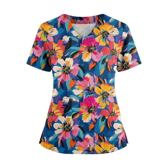 Scrubs For Women, Plus Size Floral Print V Neck Short Sleeve Nurse Scrubs Top With Double Side Pockets & Slit-Soft Breathable, Loose Fit Scrub Tops Tops Shirts Shapewear (3XL, Dark Blue) ZMTing