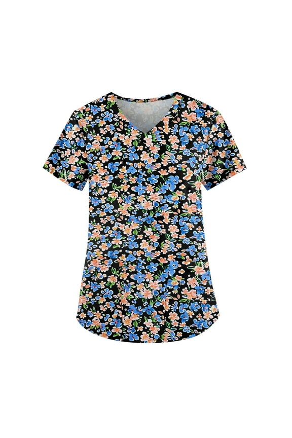Womens Scrubs, Floral Printed Scrub Working Uniform Tops V Neck Short Sleeve Tshirts Workwear Tee With Pockets Navy Blue Scrubs Nurse Fourth Of Shirts Outfit (L, Blue) ZMTing