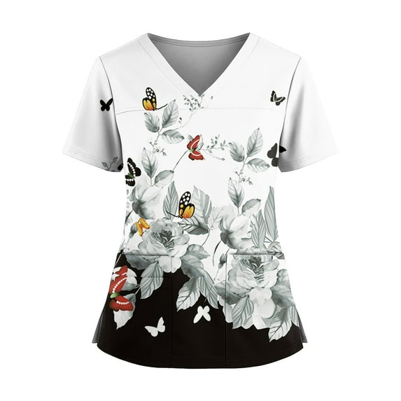Scrubs For Women, Plus Size Floral Printed V Neck Short Sleeve Scrub Top With Side Slit & Multi-Pocket Stretchy Nursing Uniforms Work, Loose Fit Casual Nurse Scrubs Tops (L, White) ZMTing