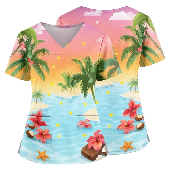 Scrubs for Women Plus Size Hawaiian Tropic Nursing Uniform Trendy V-Neck Side Slits Scrub Shirt Soft Easy Care Short Sleeve Medical Workwear with Pockets Green S