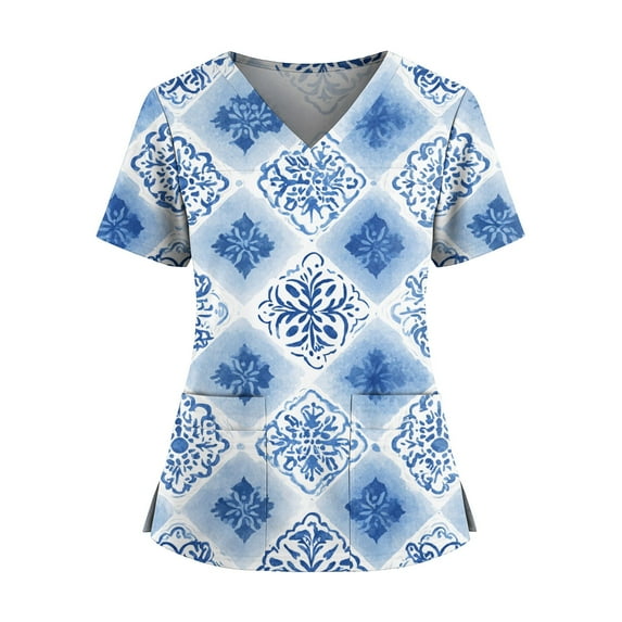 Scrubs For Women, Plus Size Nurse Scrubs Floral Print V Neck Short Sleeve Top With Side Pockets, Split Hem-Comfortable Healthcare Work Uniform Tops Women Pants Scrubs Shirts (5XL, Sky Blue) ZMTing