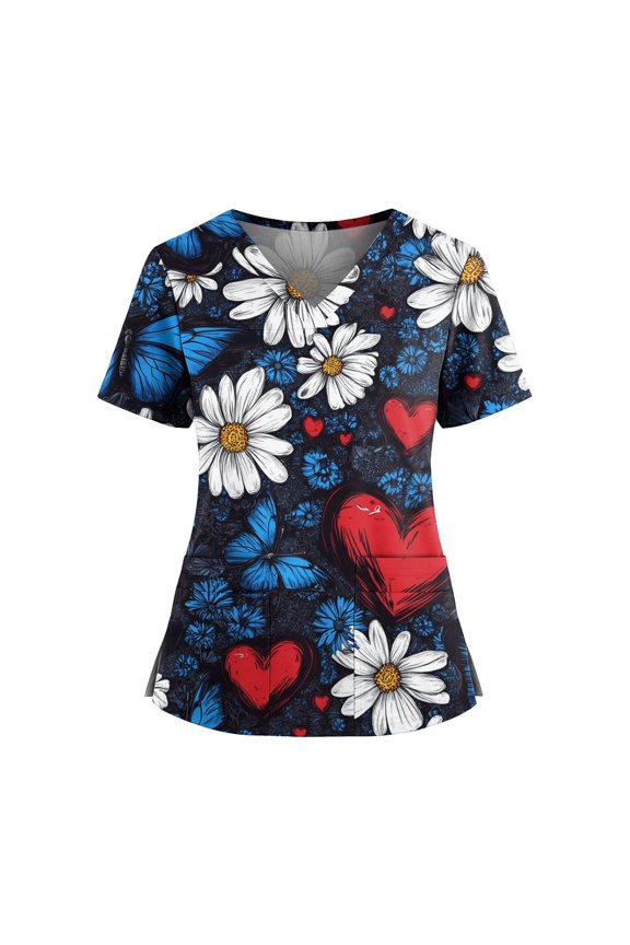 Scrubs For Women, Plus Size Nurse Scrubs Floral Print V Neck Short Sleeve Top With Side Pockets, Split Hem-Comfortable Healthcare Work Uniform Tops Women Scrubs Tops Sweaters (XL, Dark Blue) ZMTing