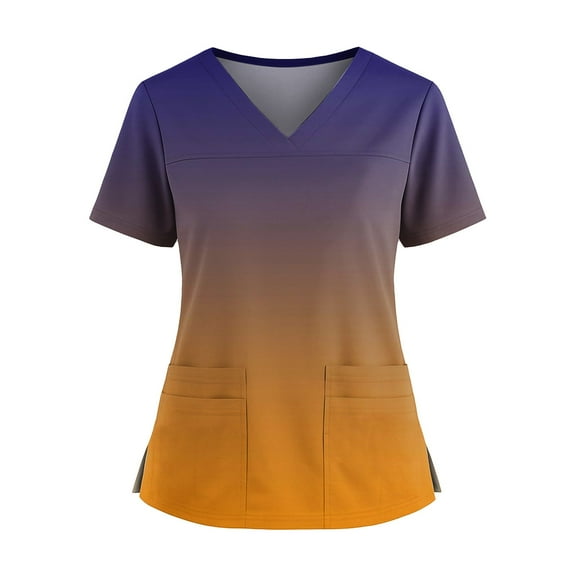 Scrubs For Women, Plus Size Nurse Scrubs Tops-Soft Stretch V Neck Short Sleeve Work Uniform With Functional Pockets, Gradient Print & Side Slits Healthcare Scrubs Shirt (XXL, Orange) ZMTing