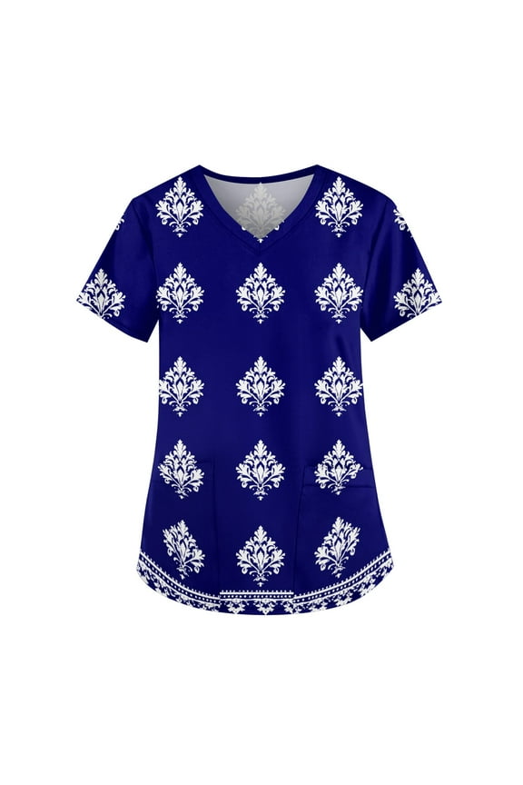 Scrubs For Women, Plus Size Printed Scrub Working Uniform Tops V Neck Short Sleeve Tshirts Workwear Tee With Pockets Womens Red Shirt Royal Blue Scrubs Women Shirts Outfits (L, Blue) ZMTing