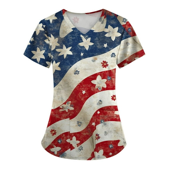 Scrubs For Women Plus Size, Scrubs Tops 4Th Of July Size V Neck Short Sleeve Workwear With Pockets Red White And Royal Blue American Flag Top Scrubs Womens Shirts Outfits (3XL, Khaki) ZMTing