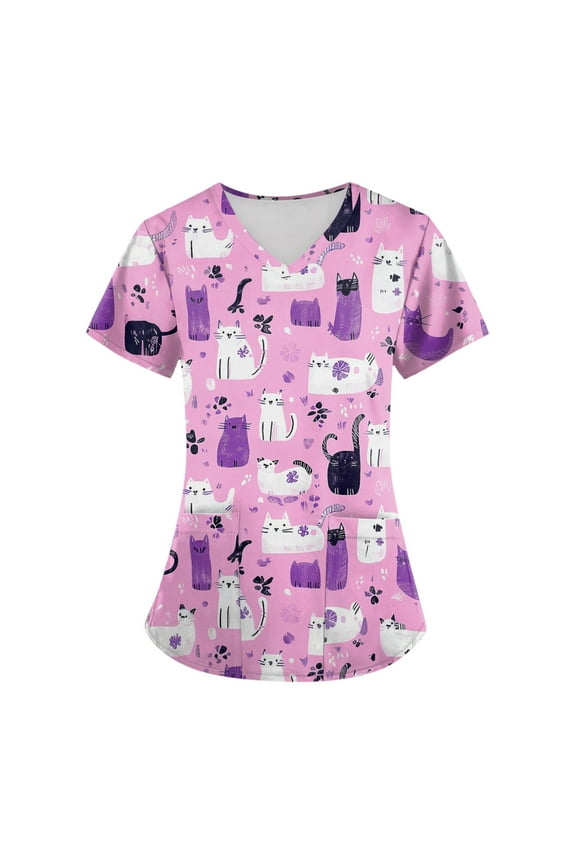 Scrubs For Women Plus Size, Scrubs Tops 4Th Of July V Neck Short Sleeve Workwear With Pockets Red White And Royal Blue American Flag Top Scrubs Striped Shirt Top Outfits (S, Pink) ZMTing