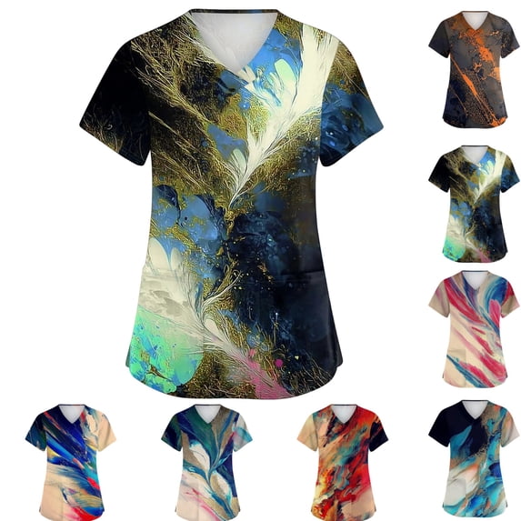 Scrubs for Women Plus Size Wrinkle-Resist Nursing Uniform Trendy V-Neck Textured Print Side Slits Scrub Shirt Ultra Soft Short Sleeve Tees Blouse with Pockets Green XL