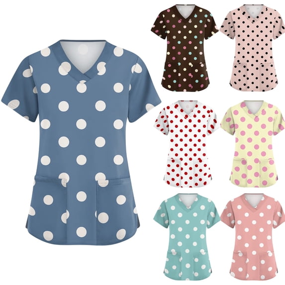 Scrubs for Women Polka Dots V Neck Short Sleeve Plus Size Scrubs Tops Nursing Scrubs Stretchy Summer Holiday Trendy Side Slits Uniform Shirts With Pockets Blue 3XL