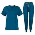 thumbnail image 1 of Scrubs for Women Scrubs Medical Scrub Set Petite Clearance Sales Solid Color V-Neck Short Sleeve Nurse Top Long Nurse Uniform Pants with Pocket Turquoise S, 1 of 5