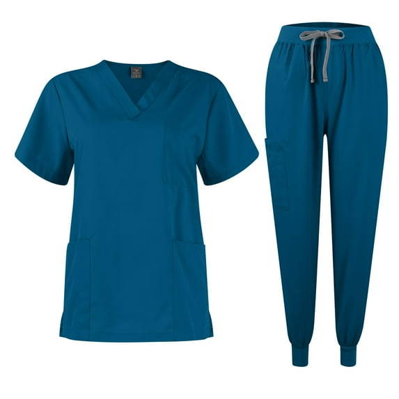 Scrubs for Women Scrubs Medical Scrub Set Petite Clearance Sales Solid Color V-Neck Short Sleeve Nurse Top Long Nurse Uniform Pants with Pocket Turquoise S