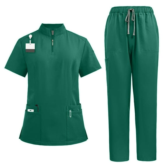 Scrubs for Women Set 2025 Summer Medical Uniform Stretch Short Sleeve V-Neck Scrub Top with Zipper & Drawstring Jogger Pant with 8 Pockets Breathable Fabric