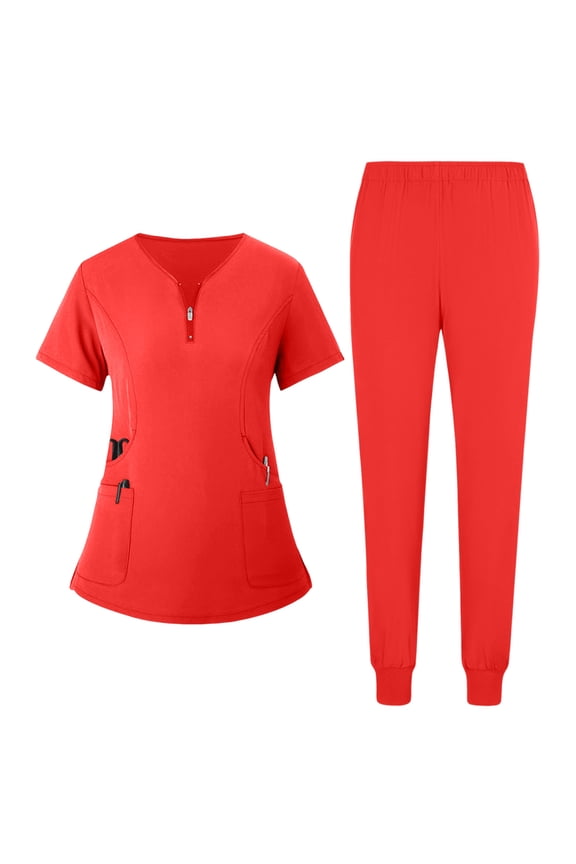 Scrubs for Women Set 2026 Spring Summer V-Neck Scrub Top and Jogger Pants Stretch Nursing Scrubs Set Quick Dry Medical Uniform with Multi Pocket for Nurse Esthetician Vermilion 2XL