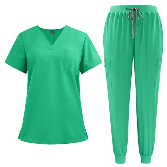 2025 Scrubs for Women Set Summer Medical Uniform Stretch Short Sleeve V-Neck Scrub Top & Jogger Pant Turquoise Xxl
