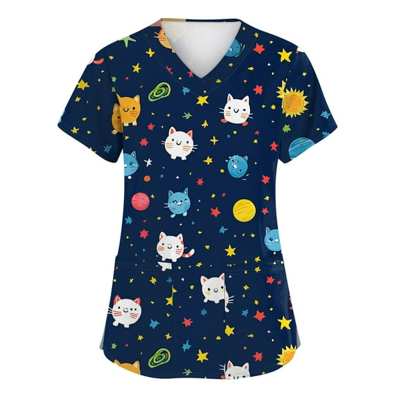 Scrubs For Women Set, Cute Animal Print Scrub Top-Loose Fit Short Sleeve V Neck Healthcare Uniform With Pocket Maternity Scrubs Pink Tops Woman Eyelet Tops Tunic (XL, Blue) ZMTing