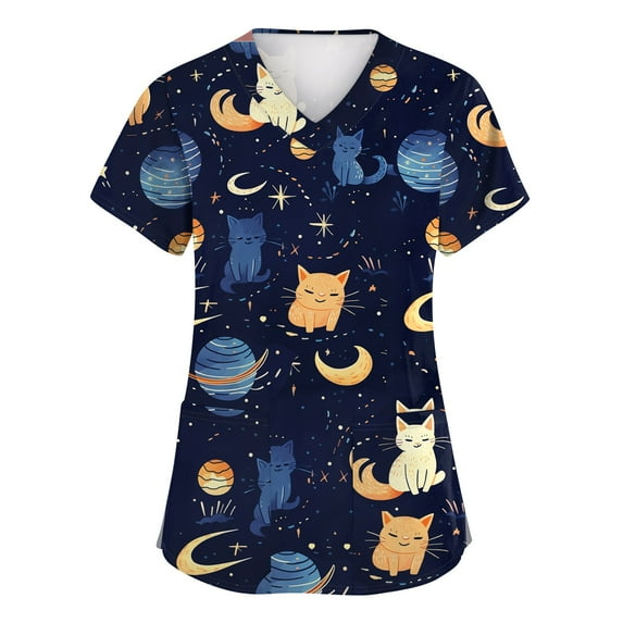 Scrubs For Women Set, Cute Animal Print Scrub Top-Loose Fit Short Sleeve V Neck Healthcare Uniform With Pocket Scrubs Sets Workout Tops White Button Down Shirt Tops Tunic (S, Dark Blue) ZMTing