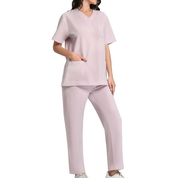 Scrubs Women Set Deals Items Kojanyu Women's Short Sleeved Solid Color Pocket Protective Suit Sets Pink (XXXL)