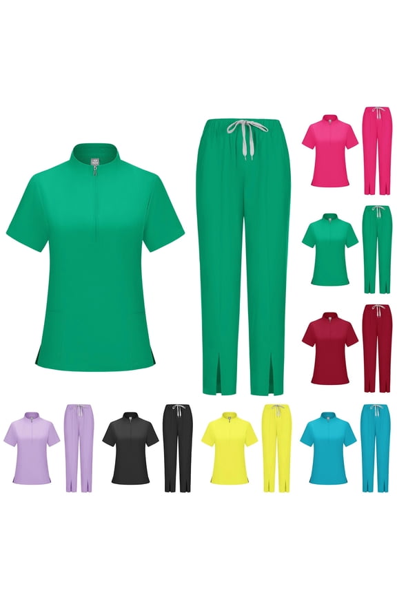 Scrubs for Women Set Half-Zip Mock Neck Short Sleeve Top and Multi-Pocket Straight Leg Pants with Side Slits - Medical Uniform Nursing Scrub Set, #01 Green, M