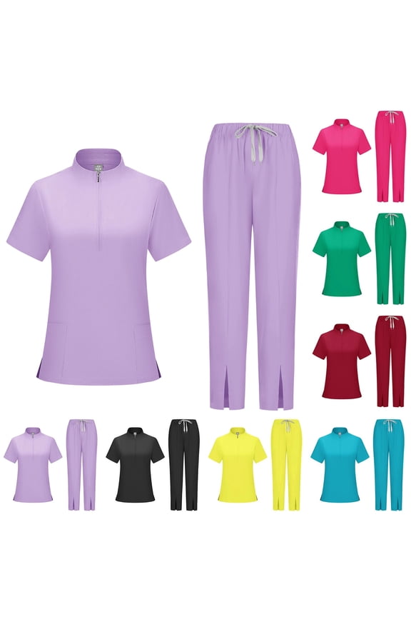 Scrubs for Women Set Half-Zip Mock Neck Short Sleeve Top and Multi-Pocket Straight Leg Pants with Side Slits - Medical Uniform Nursing Scrub Set, #01 Light Purple, M