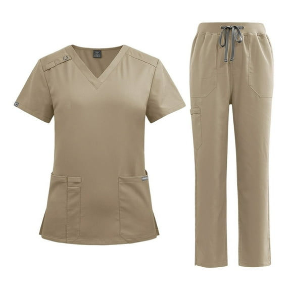 Scrubs for Women Set, Modern V-Neck Scrub Top & Jogger Scrub Pants with Multi Pockets Professionals Soft Stretch Athletic Nursing Uniform Workwear (Light brown)