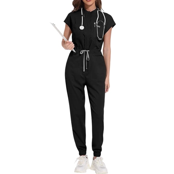 Scrubs for Women Set Petite Comfortable Short Sleeve Scrub Top and Drawstring Jogger Pants Stretch Nursing Workwear Quick Dry Medical Working Uniforms with Pockets Black S