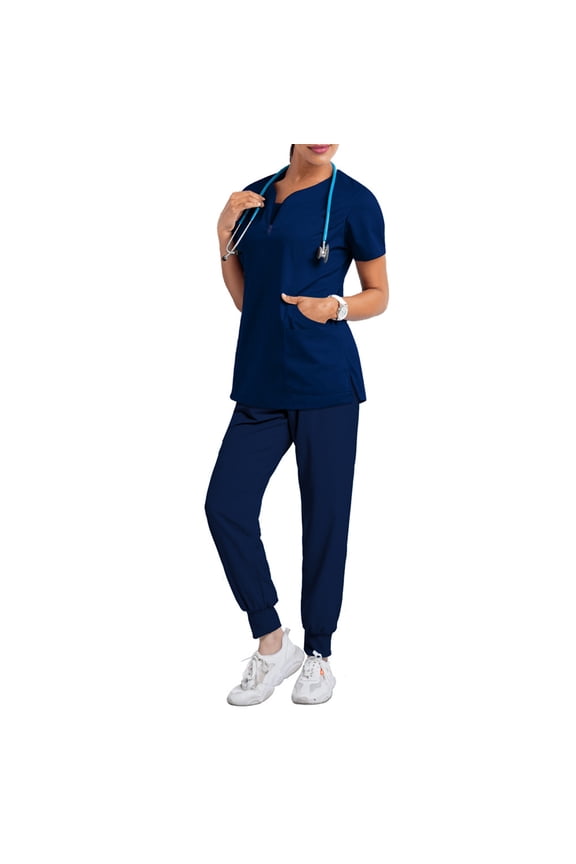 Scrubs for Women Set Petite Comfortable V-Neck Scrub Top & Jogger Pant Stretch Nursing Scrubs Set Quick Dry Medical Working Uniforms with Multi Pocket for Doctors, Nurses Navy XL