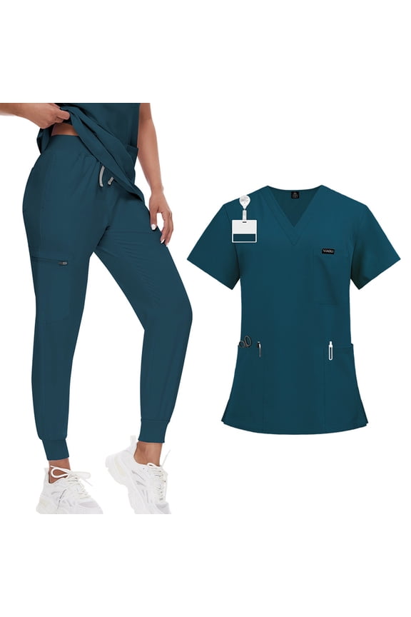 Scrubs for Women Set Petite Comfortable V-Neck Scrub Top and Jogger Pants Stretch Nursing Scrubs Set Quick Dry Working Uniforms with Multi Pocket for Doctors, Nurses Blue S