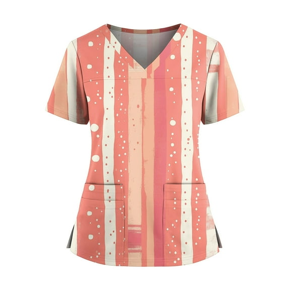 Scrubs For Women Set, Plus Size Floral Print Nurse Scrub Top With Pockets, V Neck Side Slit Short Sleeve Stretchy Work Uniform Tops-Quick Dry Casual Shirts Scrubs Set Shirt (XXL, Watermelon Red)