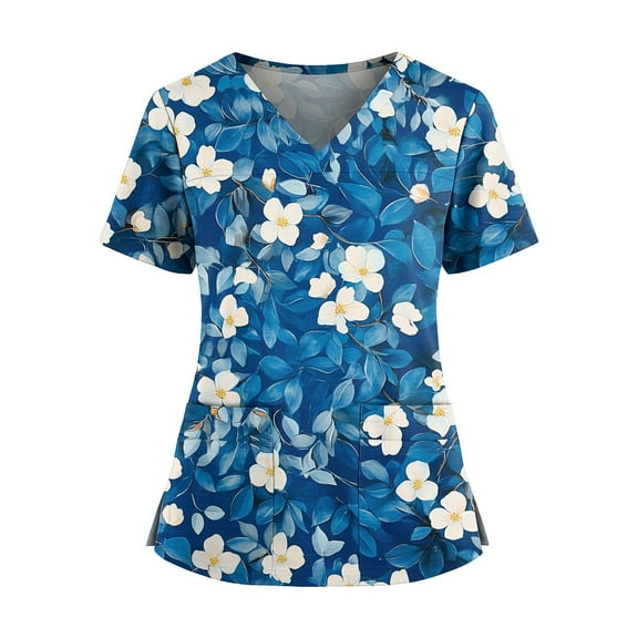 Scrubs For Women Set, Plus Size Floral Print Nurse Scrub Top With Pockets, V Neck Side Slit Short Sleeve Stretchy Work Uniform Tops-Quick Dry Casual Shirts Scrubs Sets (XXL, Blue) ZMTing