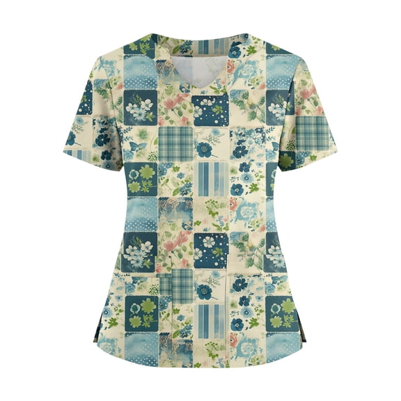 Scrubs For Women Set, Plus Size Floral Print V Neck Short Sleeve Nurse Scrubs Top With Double Side Pockets & Slit-Soft Breathable, Loose Fit Scrub Joggers Scrubs Bodysuit (XL, Mint Green) ZMTing