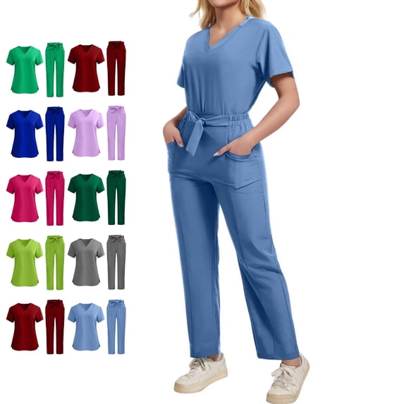 Scrubs for Women Set Short Sleeve V Neck Soft Stretch Scrub Top and Straight Leg Scrub Pants Medical Uniforms for Nurses Easy Care Work Uniform Light Blue M
