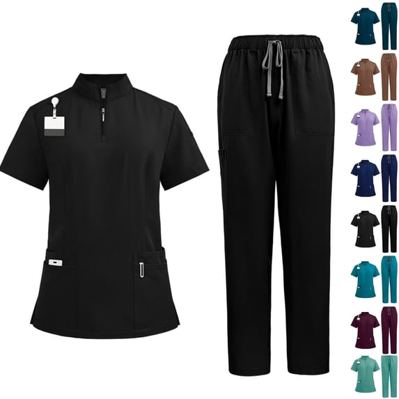 Scrubs for Women Set Stand Up Collar Zipper Pocket V-Neck Top & Pants Quick Dry Breathable Medical Uniform Short Sleeve Workwear for Nurses Hospital Staff Black L