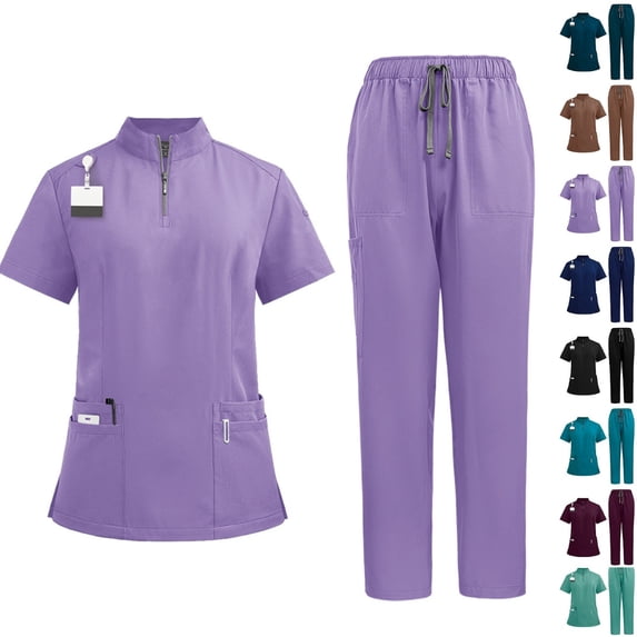 Scrubs for Women Set Stand Up Collar Zipper Pocket V-Neck Top & Pants Quick Dry Breathable Medical Uniform Short Sleeve Workwear for Nurses Hospital Staff Light Purple L