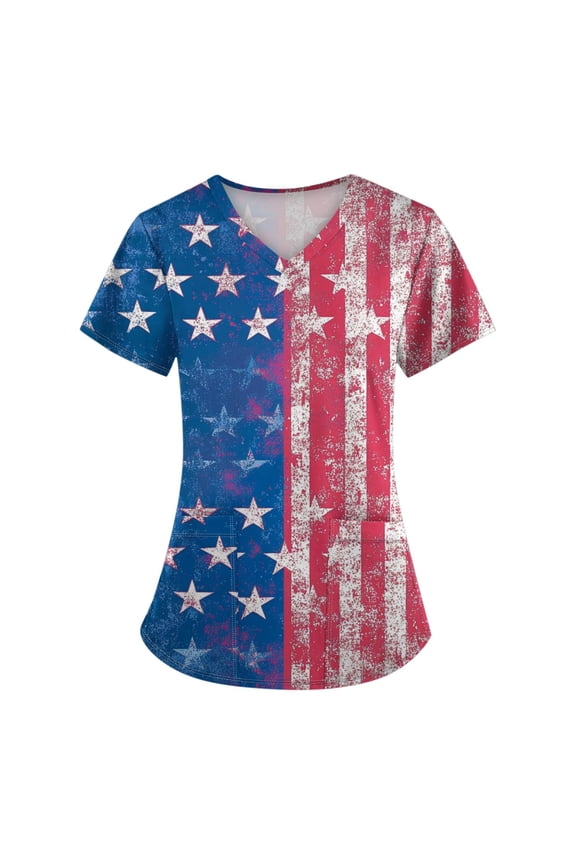 Scrubs For Women Set, Tops 4Th Of July Plus Size V Neck Short Sleeve Workwear With Pockets Red White And Royal Blue American Flag Top Fourth Shirts Scrub Hats Tops Tank Top (XXL, Blue) ZMTing