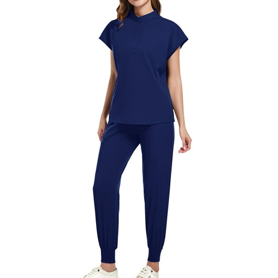 Scrubs for Women Set Two Piece Outfits V Neck Short Sleeve Nursing Tops Medical Scrubs Straight Leg Scrubs Joggers Work Pants Comfy Stretchy Housekeeping Uniform, Navy XL