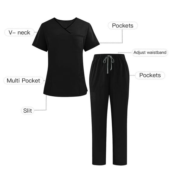 Scrubs for Women Set Two Piece Outfits V Neck Short Sleeve Nursing Tops Medical Scrubs Straight Leg Scrubs Joggers Work Pants Stretch Scrub Pants for Women, Black Xs
