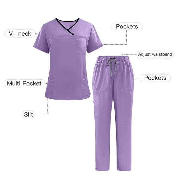 Scrubs for Women Set Two Piece Outfits V Neck Short Sleeve Nursing Tops Medical Scrubs Straight Leg Scrubs Joggers Work Pants Stretch Scrub Pants for Women, Purple L