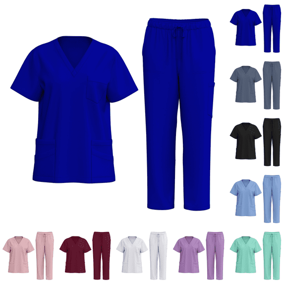 Scrubs for Women Set V-Neck Medical Scrub Top & Pant Pockets Breathable Nurse Uniform Top & Jogger Scrub Bottom with Pocket Comfortable and Functional Through Your Longest Shifts Royal Blue 2XL