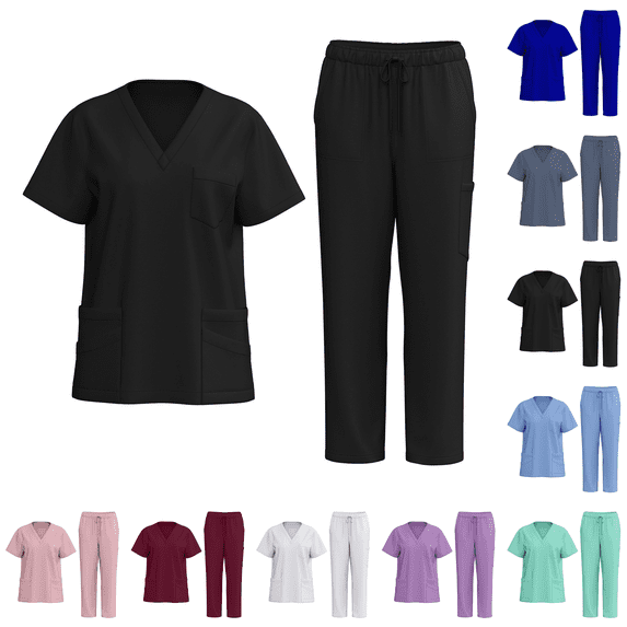 Scrubs for Women Set V-Neck Medical Scrub Top & Pant Pockets Breathable Nurse Uniform Top & Jogger Scrub Bottom with Pocket Comfortable and Functional Through Your Longest Shifts Black M