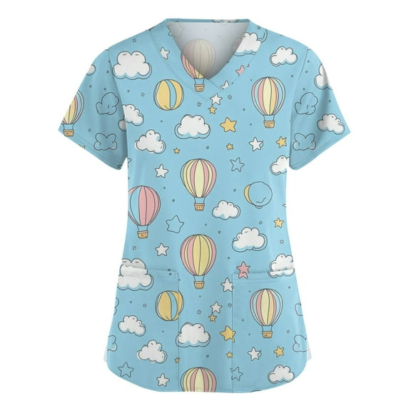 Scrubs For Women Set, V Neck Short Sleeve Scrubs Uniform Top-Cute Cartoon Print, Comfortable Stretchy Scrubs With Pockets Easter Tops Womens Plus Size Spring Tops Shirt (M, Sky Blue) ZMTing