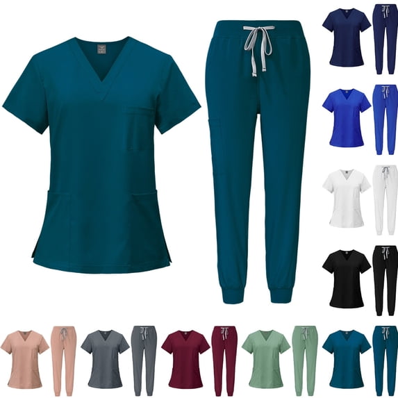 Scrubs for Women Set V-Neck Short Sleeve Top & Pants with Pockets Quick Dry Breathable Workwear Uniform for Nurses Medical Staff Hospital Clinic Lightweight Solid Color Turquoise L