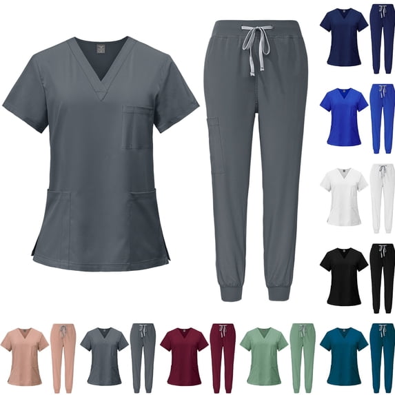 Scrubs for Women Set V-Neck Short Sleeve Top & Pants with Pockets Quick Dry Breathable Workwear Uniform for Nurses Medical Staff Hospital Clinic Lightweight Solid Color Gray 2XL