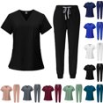 thumbnail image 1 of Scrubs for Women Set V-Neck Short Sleeve Top & Pants with Pockets Quick Dry Breathable Workwear Uniform for Nurses Medical Staff Hospital Clinic Lightweight Solid Color Black L, 1 of 7