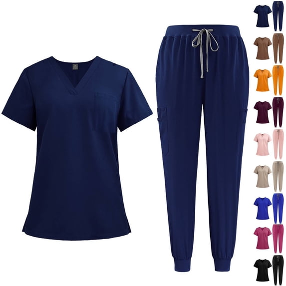 Scrubs for Women Set V Neck Top & Cargo Pants with 3 Pockets Elastic Bottom Joggings Womens Scrub Pants Skinny Leg Cuffed Stylish Comfortable Scrubs Jogger Dark Blue 2XL