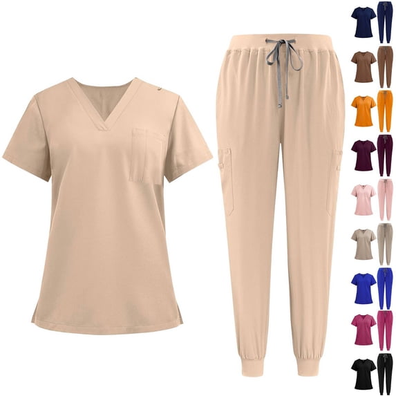 Scrubs for Women Set V Neck Top & Cargo Pants with 3 Pockets Elastic Bottom Joggings Womens Scrub Pants Skinny Leg Cuffed Stylish Comfortable Scrubs Jogger Khaki S