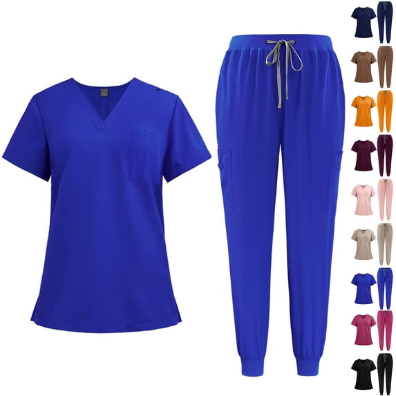 Scrubs for Women Set V Neck Top & Cargo Pants with 3 Pockets Elastic Bottom Joggings Womens Scrub Pants Skinny Leg Cuffed Stylish Comfortable Scrubs Jogger Royal Blue 2XL