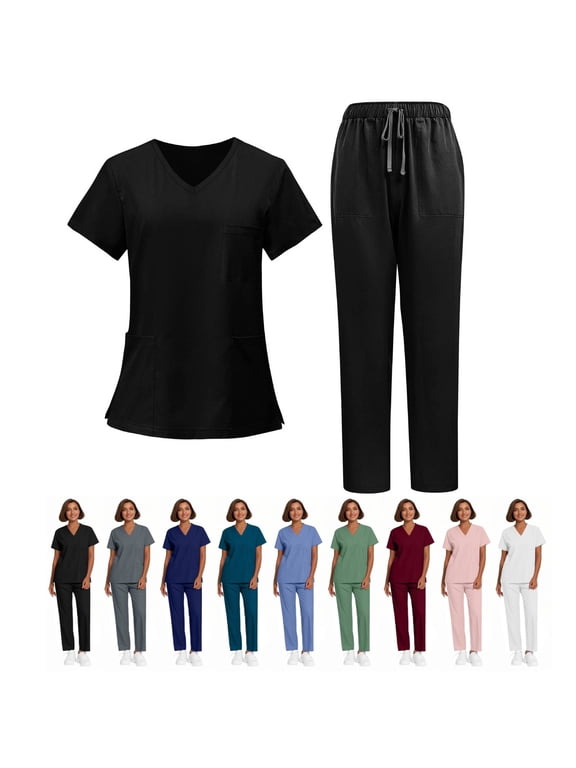 Scrubs for Women Set, V-Neck Top & Straight Leg Pants with 5 Pockets Easy Care, Quick Dry For Nurses, Clinics Uniforms, Long Workdays, Daily Wear Black 3XL
